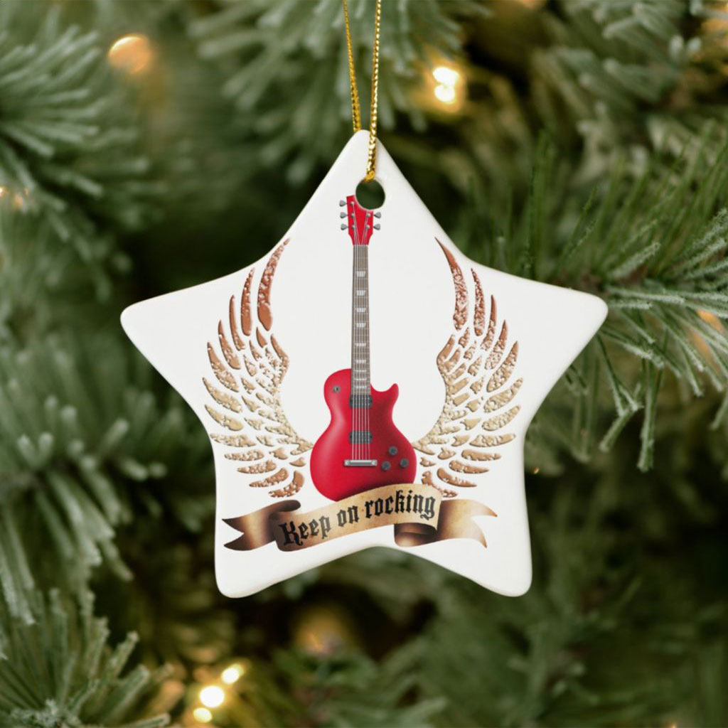Keep On Rocking Electric Guitar Wings Ceramic Ornament