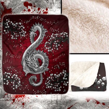 Silver Music Dragon Sherpa Fleece Blanket, Treble Clef, Red, Fantasy Throw Blanket