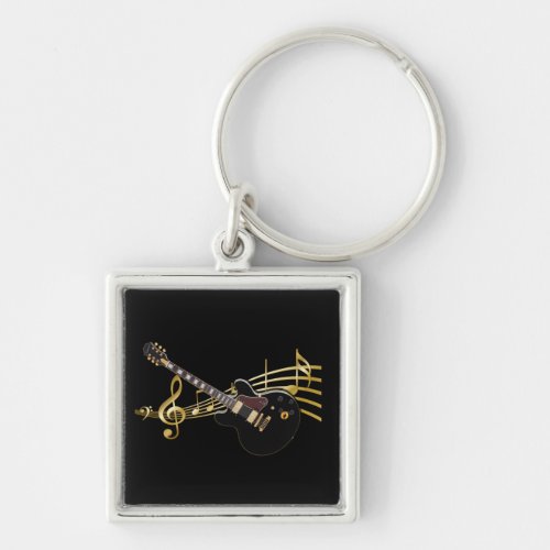 Black Guitar On Music Score Keychain