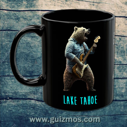 Lake Tahoe Guitar Bear - Black Mug, 15oz