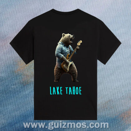 Lake Tahoe Guitar Bear - Unisex Heavy Cotton Tee - Black