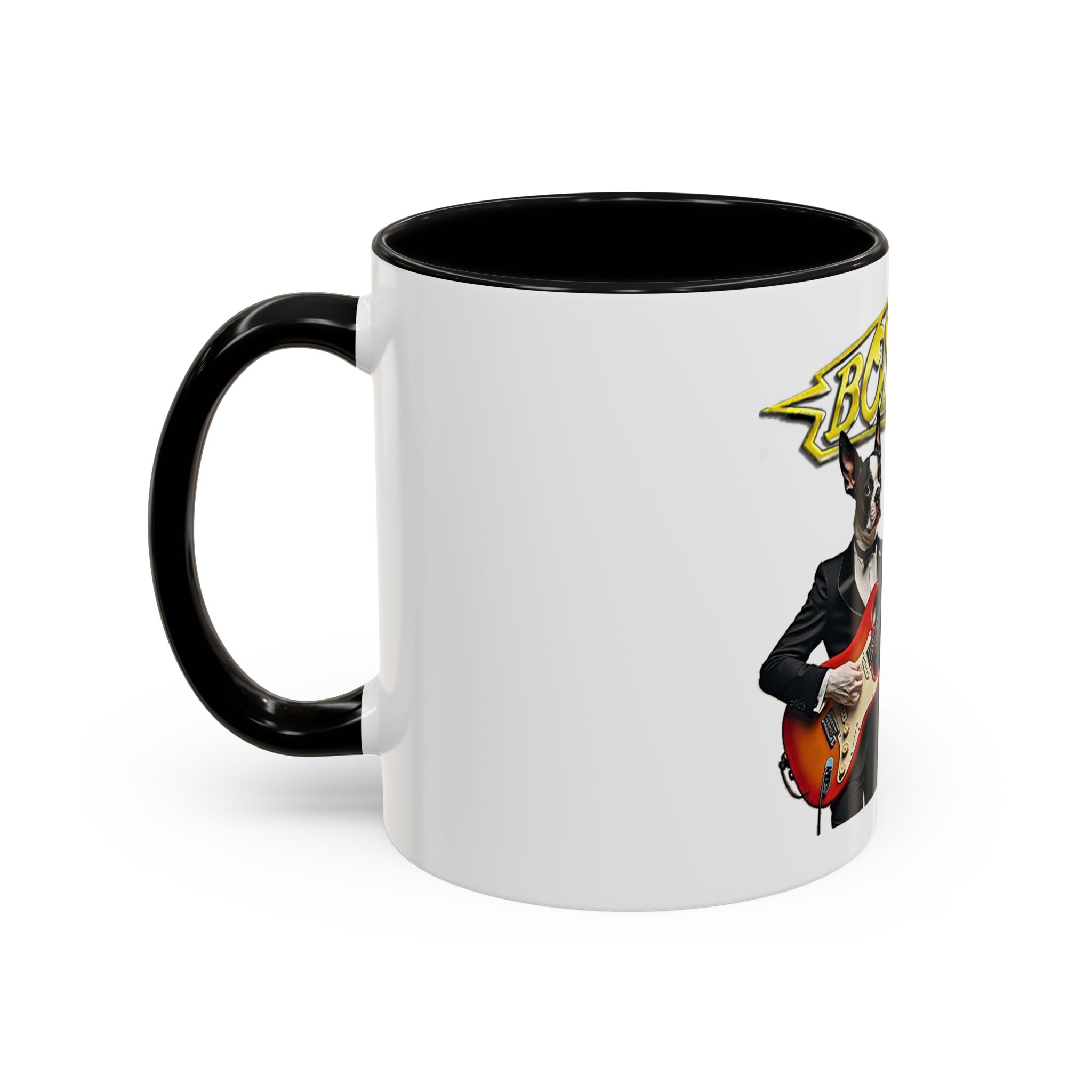 Boston Band Dogs Accent Coffee Mug – Guitarist Boston Terrier Rock Music Gift - (White) - Image 3