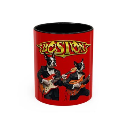 Boston Band Dogs Accent Coffee Mug – Funny Guitarist Boston Terrier Rock Music Gift (11oz) - Red