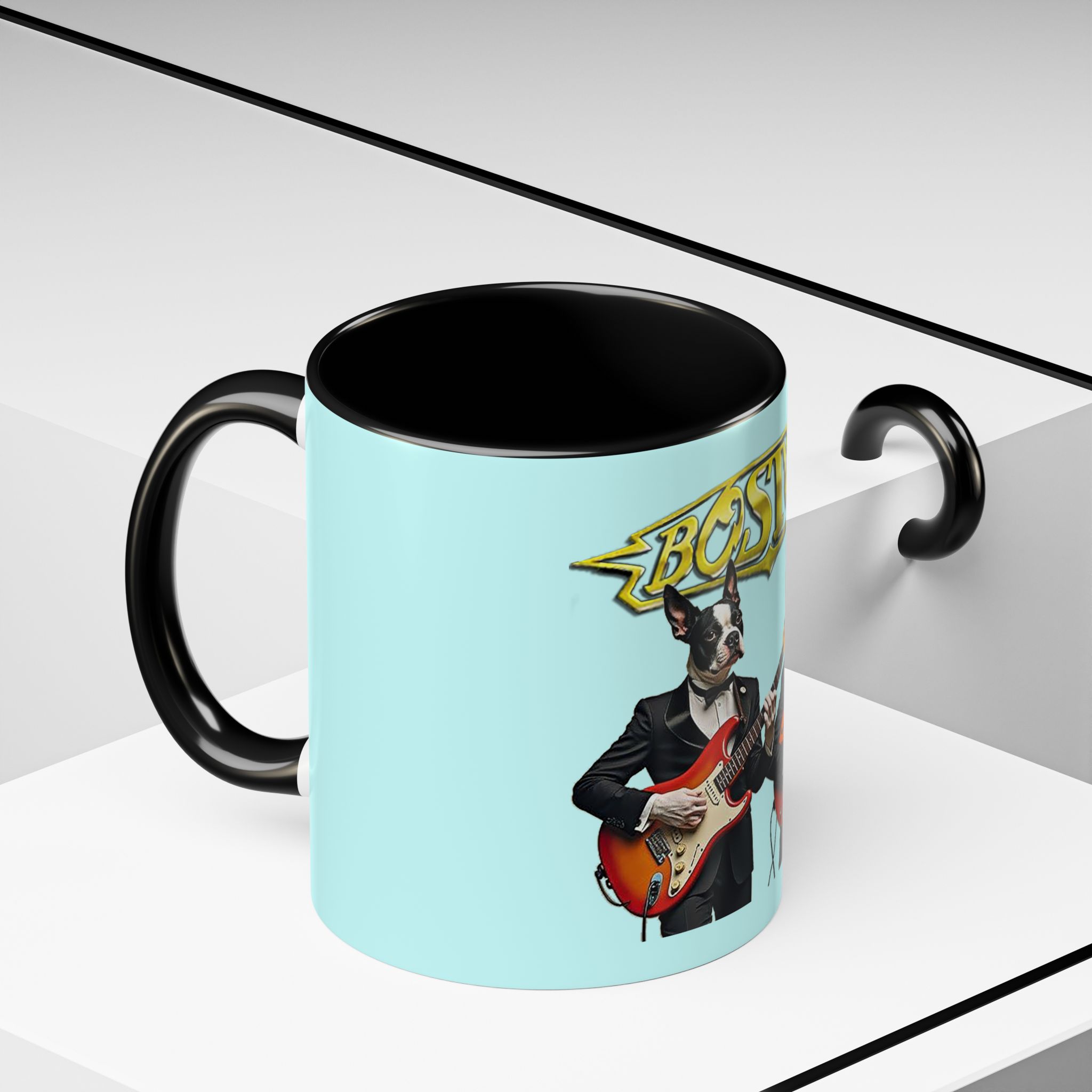 Boston Band Dogs Accent Mug – Boston Terrier Rock Music Gift for Music Lovers - (Light Blue) - Image 3