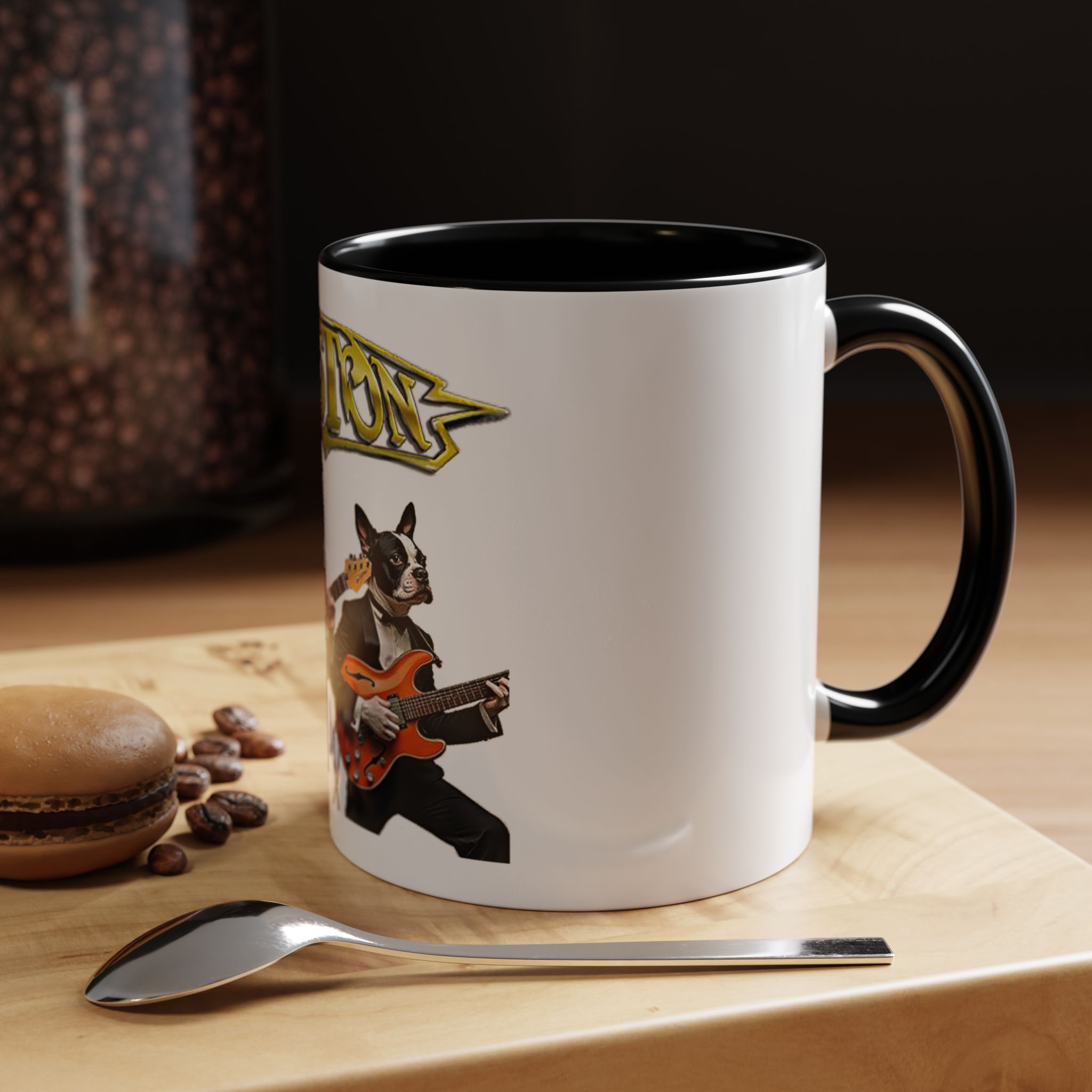 Boston Band Dogs Accent Coffee Mug – Guitarist Boston Terrier Rock Music Gift - (White) - Image 4