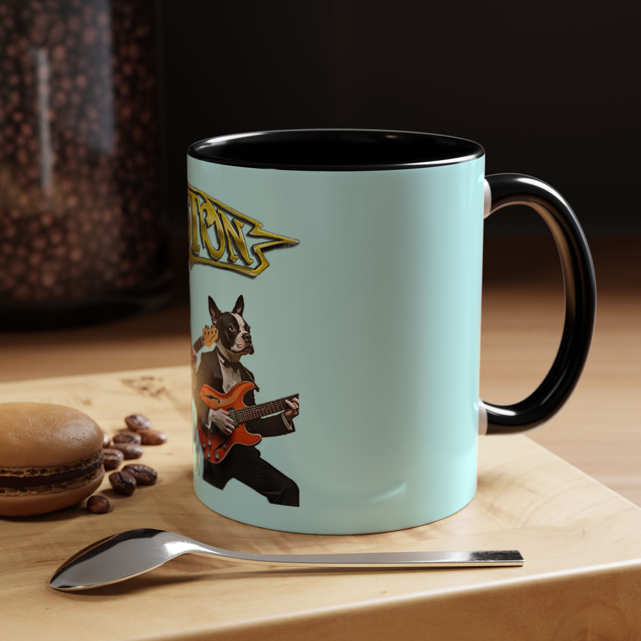 Boston Band Dogs Accent Mug – Boston Terrier Rock Music Gift for Music Lovers - (Light Blue) - Image 2