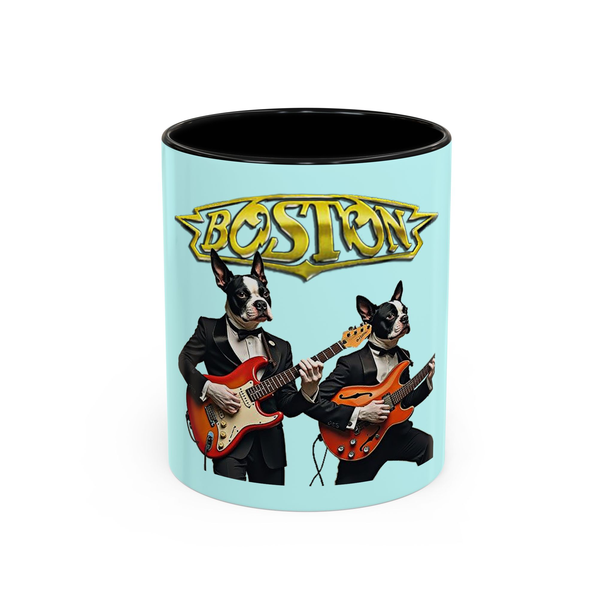 Boston Band Dogs Accent Mug – Boston Terrier Rock Music Gift for Music Lovers - (Light Blue)