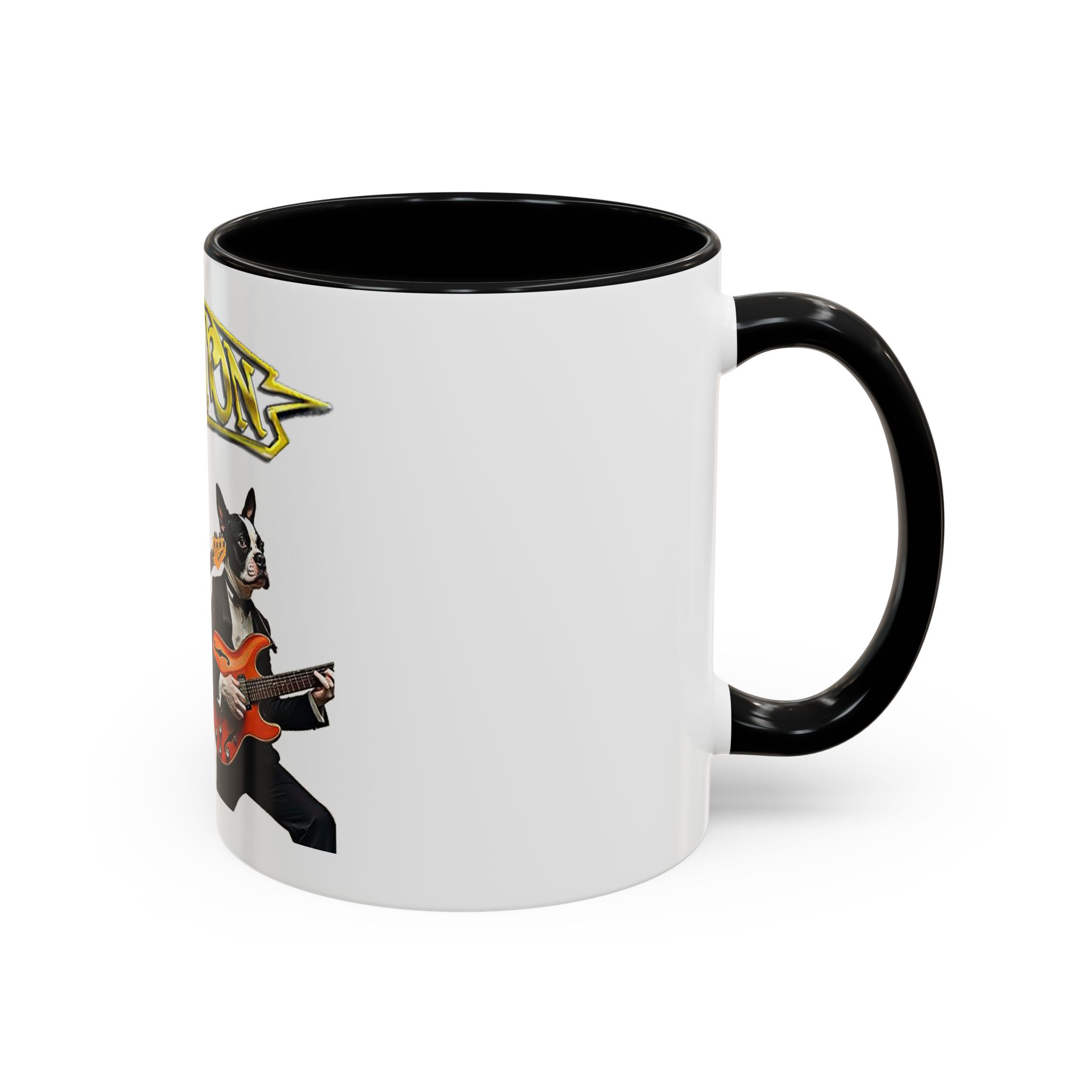 Boston Band Dogs Accent Coffee Mug – Guitarist Boston Terrier Rock Music Gift - (White) - Image 2