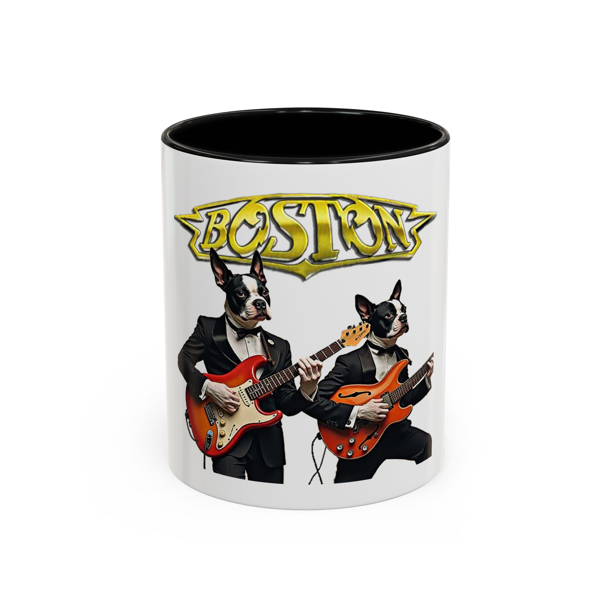 Boston Band Dogs Accent Coffee Mug – Guitarist Boston Terrier Rock Music Gift - (White)