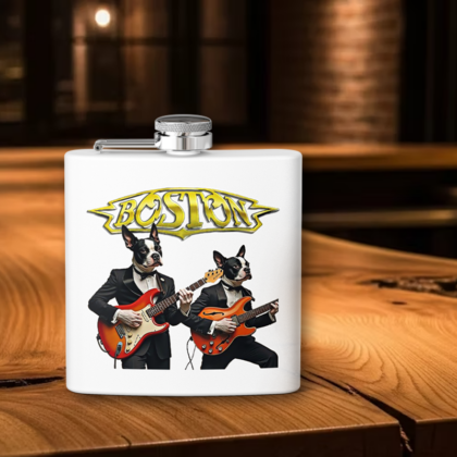 Boston Rocker Dogs Stainless Steel Flask — 6oz Guitarist Boston Terrier