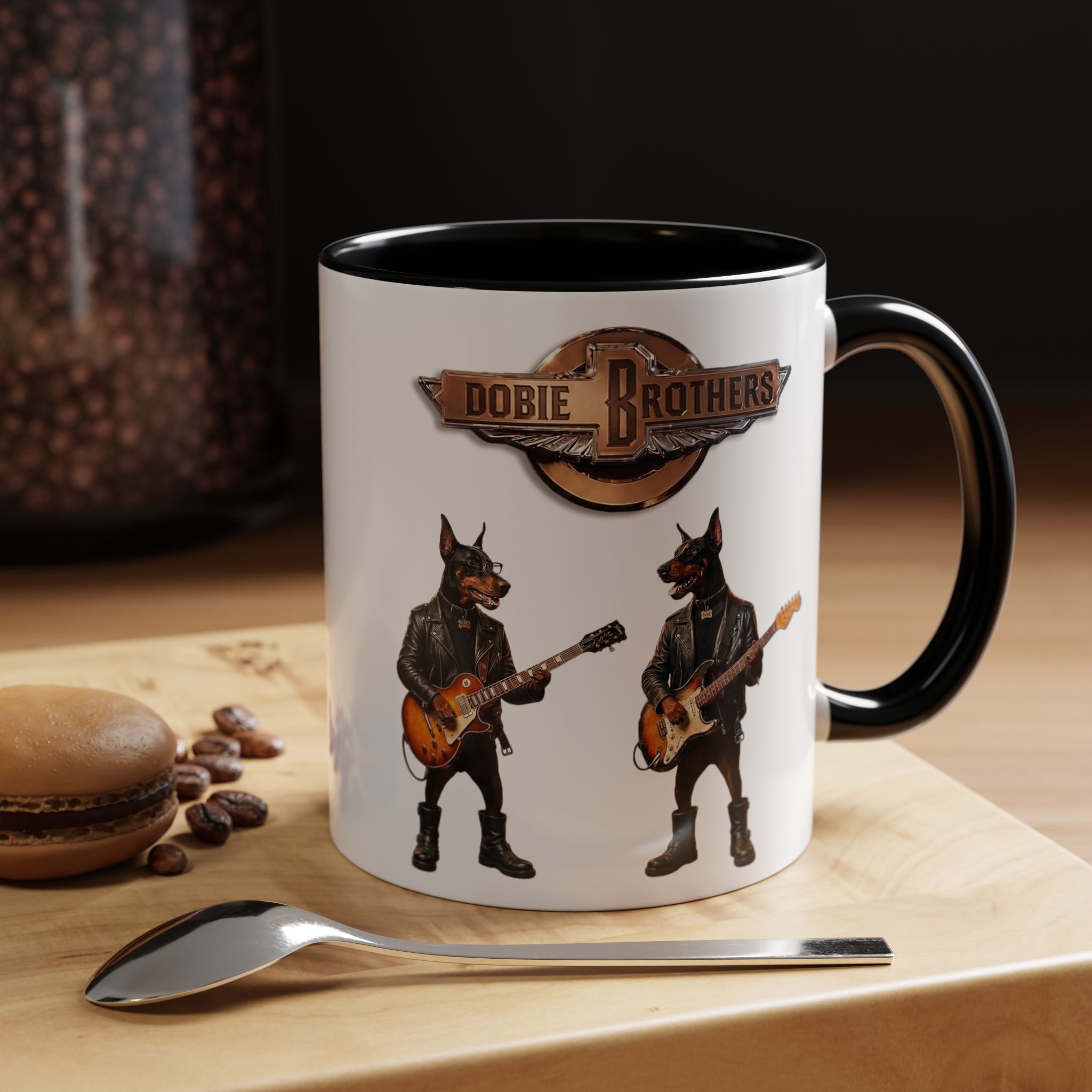 Dobie Brothers Doberman Rock Dogs Black Accent Coffee Mug — (11/15oz)