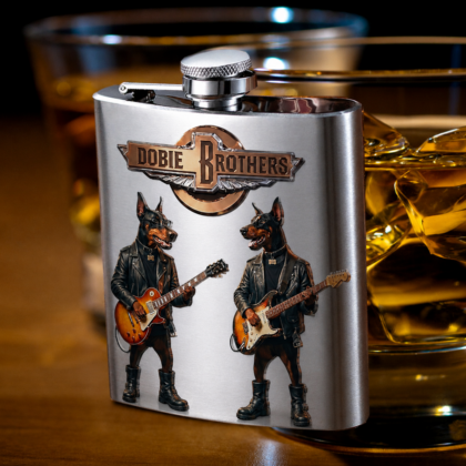 Dobie Brothers Guitarist Doberman Stainless Steel Flask – 6oz Musician Gift - Steel