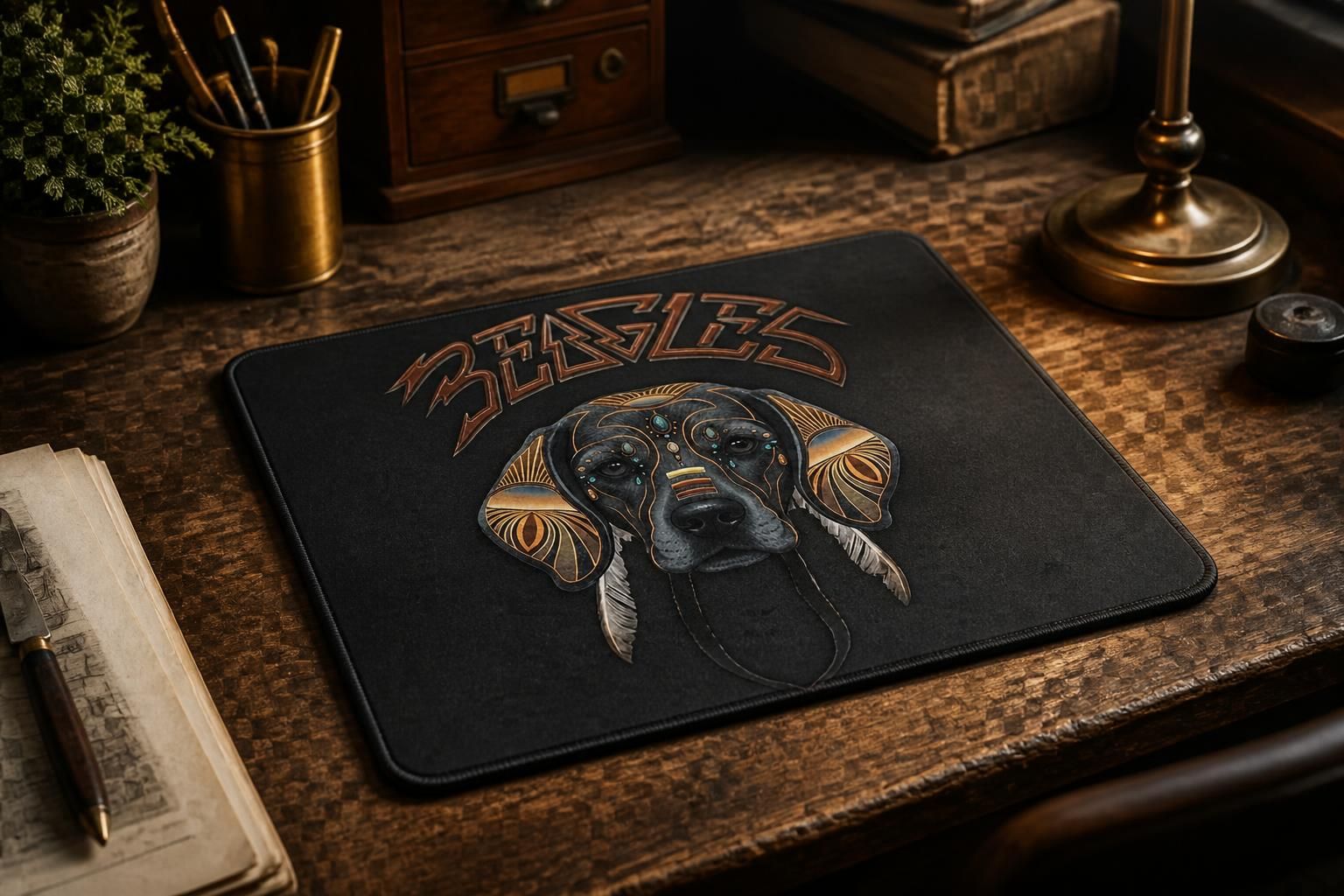 "Beagles" Mouse Pad — Tribal Beagle Art with Feather Accents - Image 2